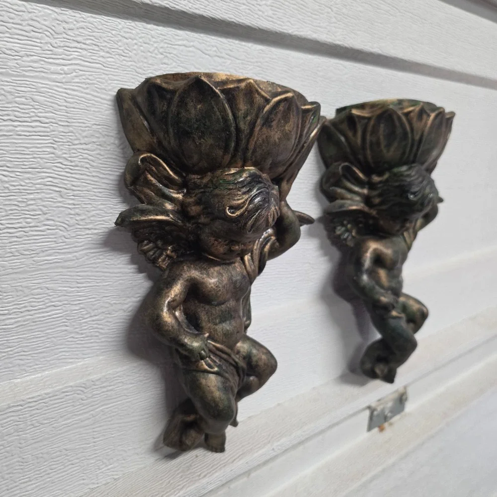 Vtg Inarco Cherub Wall Pocket Set Gold Winged Angel Planter light weight patina